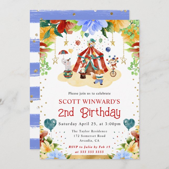 Invitación Acuarela Circo Animales Niños Cumpleaños (Anverso / Reverso)