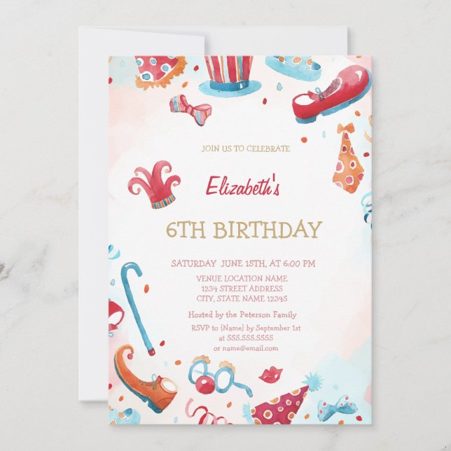 Invitación Acuarela Circo Carnaval Corazones Cumpleaños (Anverso)