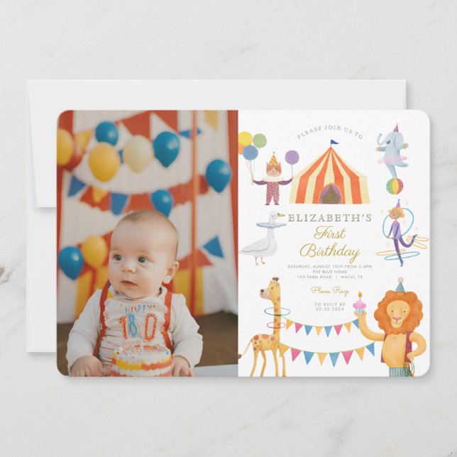 Invitación Acuarela Circo Rojo Foto Carnaval Bebé Cumpleaños (Anverso)