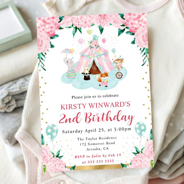 Invitación Acuarela Circo rosa Animales Niños Cumpleaños (Subido por el creador)