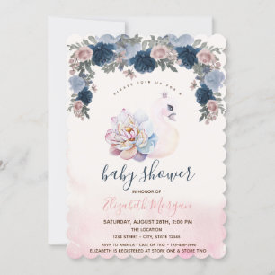 Invitación Acuarela Cisne Bebé Floral Rosa Baby Shower 