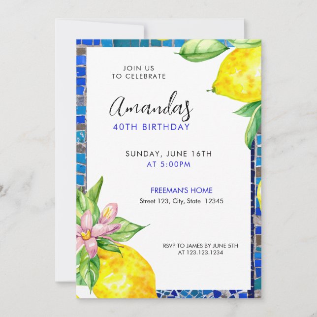 Invitación Acuarela Citrus Lemon Mosaic 40 cumpleaños (Anverso)