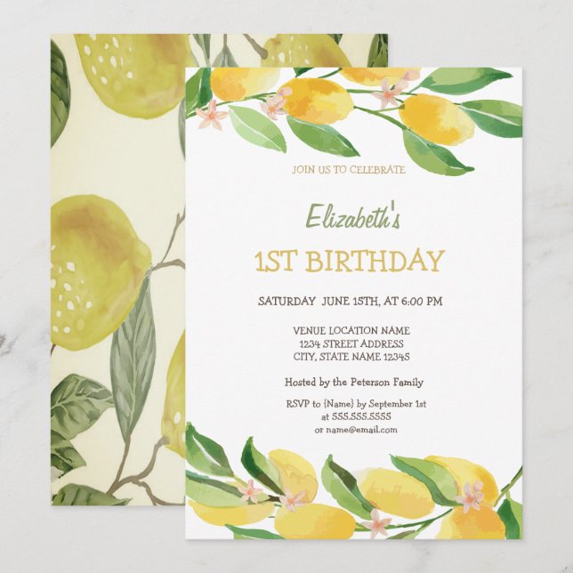 Invitación Acuarela Citrus Lemons Flowday Cumpleaños (Anverso / Reverso)