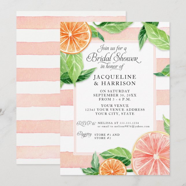 Invitación Acuarela Citrus Pink Grapefruit Brillante (Anverso / Reverso)