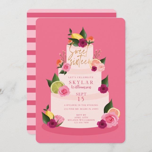 Invitación Acuarela Citus Floral 3 Tier Pastel Dulce Dieciséi (Anverso / Reverso)