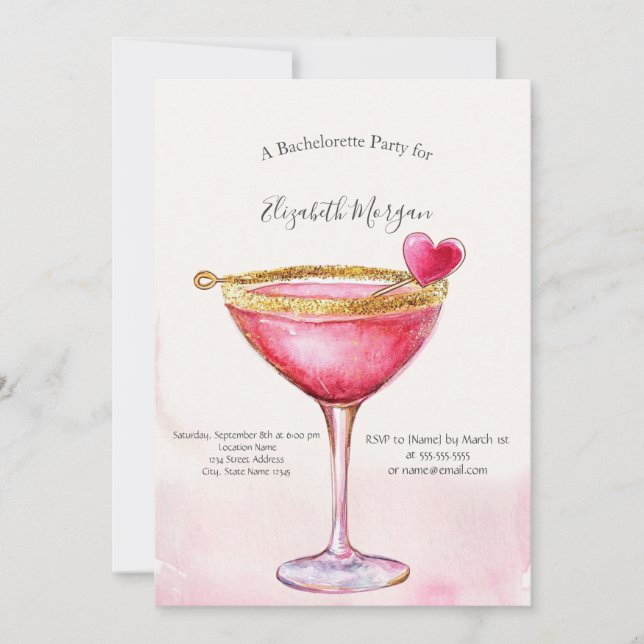 Invitación Acuarela Cocktail rosa Fiesta de Bachelorette Hear (Anverso)