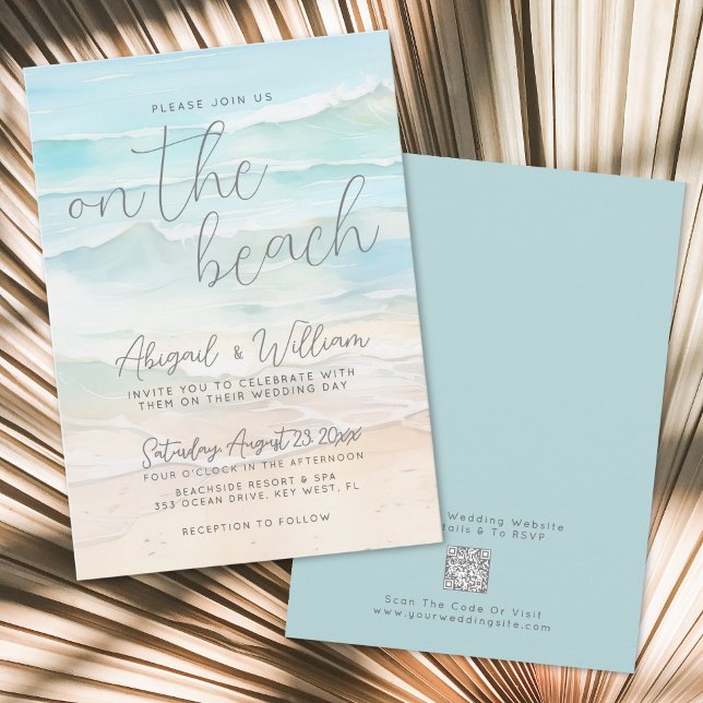 Invitación Acuarela Código QR En La Boda De Playa (Watercolor QR Code On The Beach Wedding Invitation)