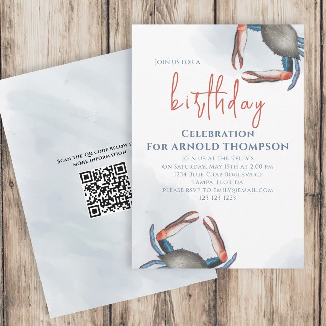 Invitación Acuarela Código QR Simple Cumpleaños Cangrejo Azul (Subido por el creador)
