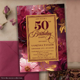 Invitación Acuarela color rojo oscuro dorado floral cumpleaño