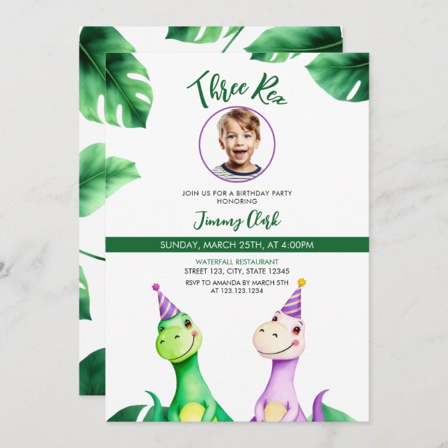 Invitación Acuarela Colorful Trex Kids Foto Cumpleaños (Anverso / Reverso)