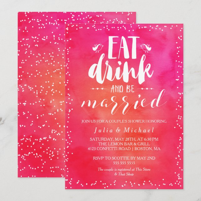 Invitación Acuarela Come bebida y sé casada con la ducha de l (Anverso / Reverso)