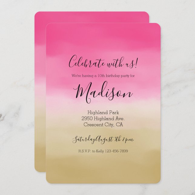 Invitación Acuarela con degradado de oro rosa (Anverso / Reverso)