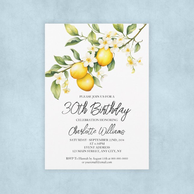 Invitación Acuarela con tema de limón Fiesta de cumpleaños 30 (Lemon Theme Watercolor 30th Birthday Party Invitation
)
