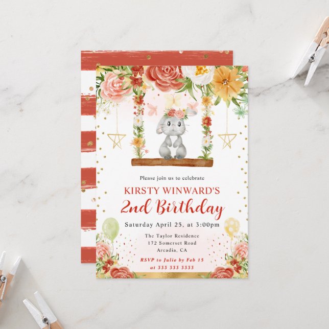 Invitación Acuarela Conejo de Woodland Niños Cumpleaños (Anverso/Reverso In Situ)