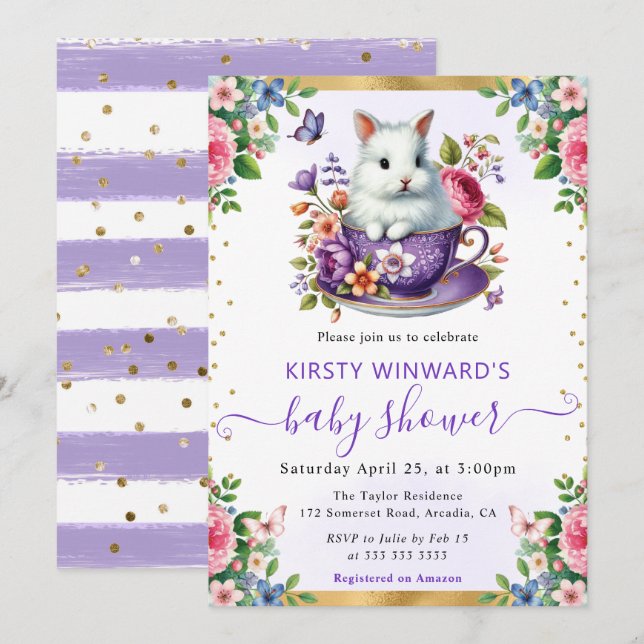 Invitación Acuarela Conejo Flores de Primavera Baby Shower (Anverso / Reverso)