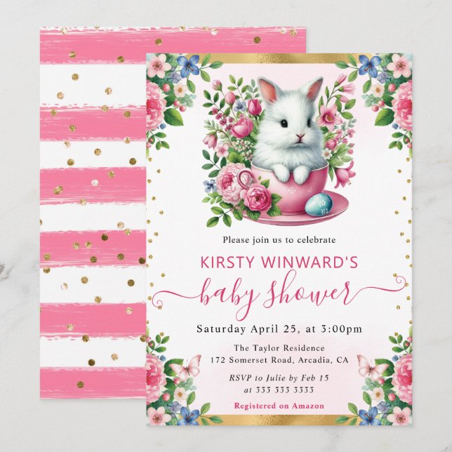 Invitación Acuarela Conejo Flores de Primavera Baby Shower (Anverso / Reverso)