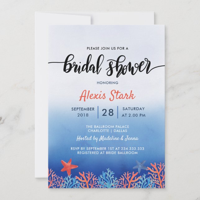 Invitación Acuarela Coral Azul Starfish Océano Ducha de novia (Anverso)