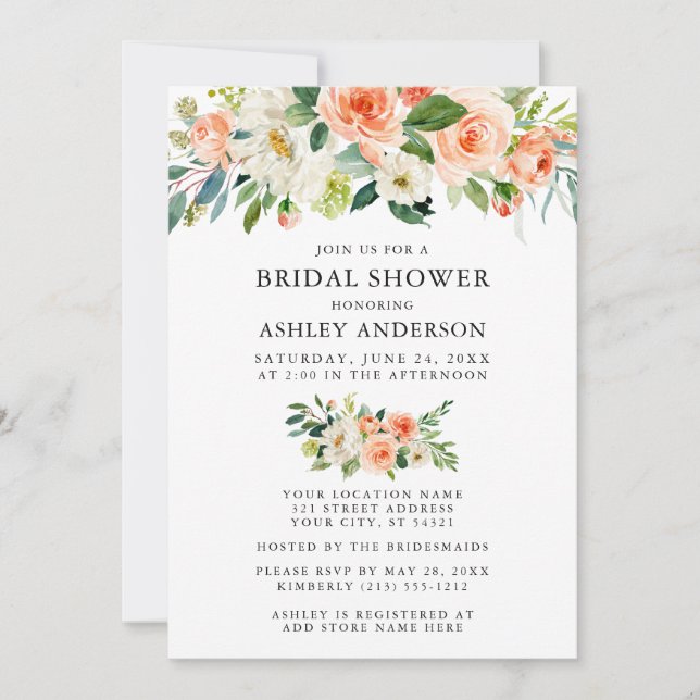 Invitación Acuarela Coral Floral Bridal Ducha Elegante (Anverso)