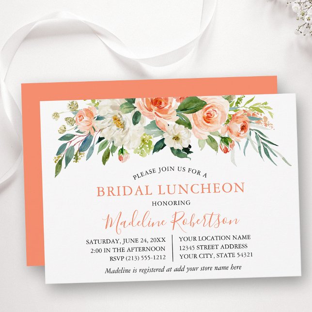 Invitación Acuarela Coral Floral Bridal Shower Luncheon (Customize to change text color, text style or color of back of card.)