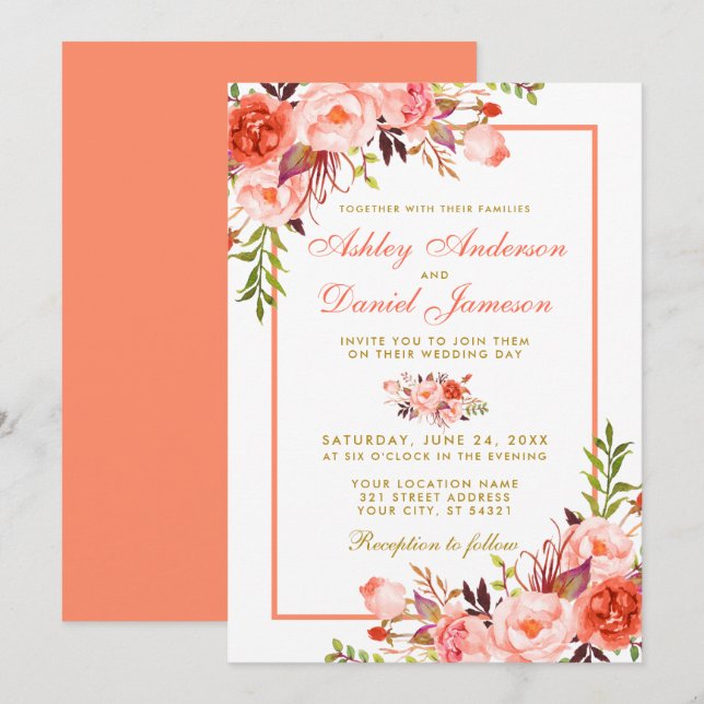 Invitación Acuarela Coral Floral Gold Boda (Anverso / Reverso)