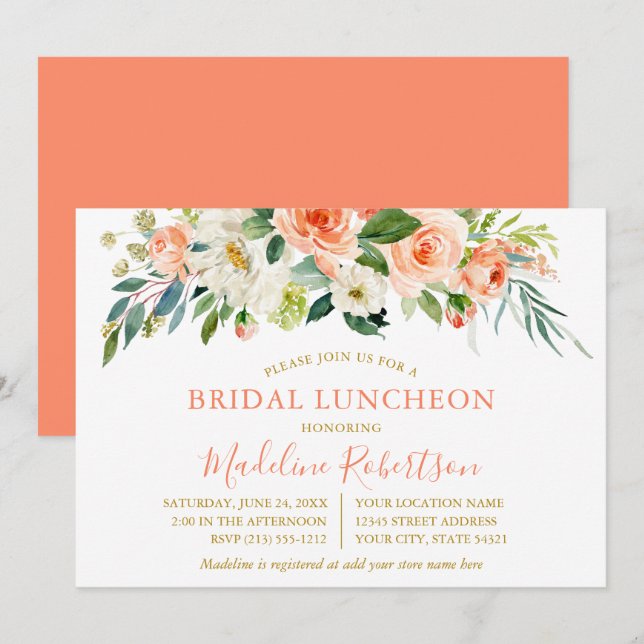 Invitación Acuarela Coral Floral Gold Bridal Shower Lunch (Anverso / Reverso)