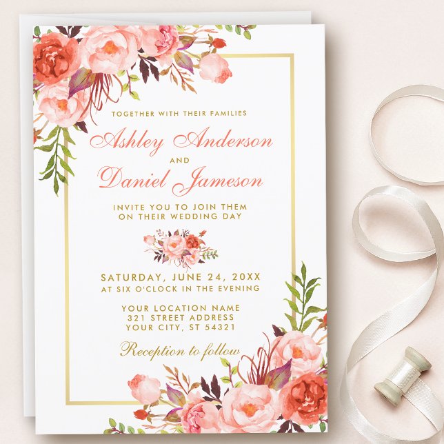Invitación Acuarela Coral Floral y Boda de oro (Customize to change text size, color, style or to add more text to back of card.)