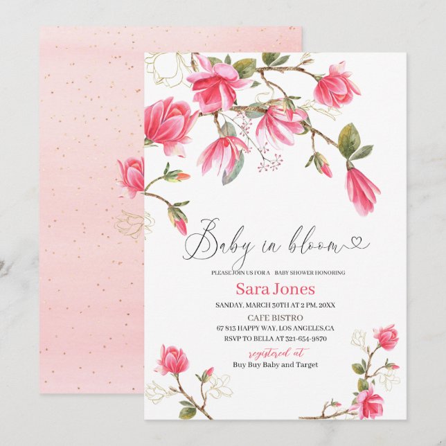 Invitación Acuarela Coral Magnolia Baby Showe (Anverso / Reverso)