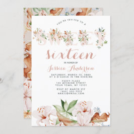 Invitación Acuarela Coral Rosa Dulce Floral Dieciséis
