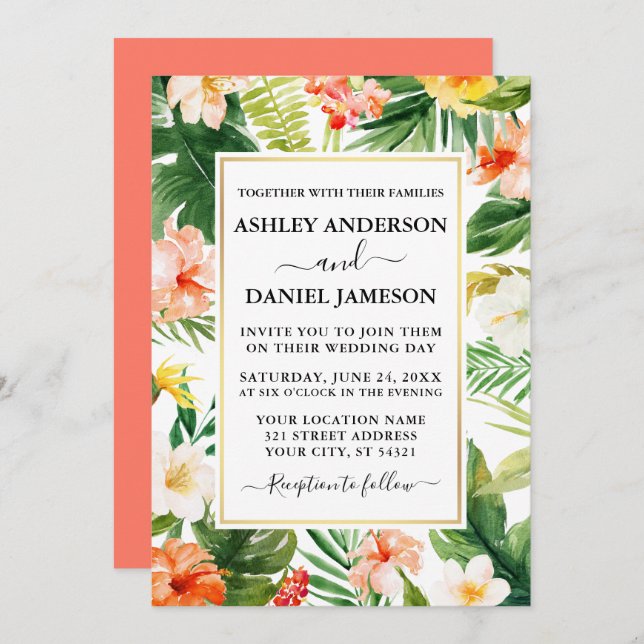 Invitación Acuarela Coral Tropical Boda de oro floral (Anverso / Reverso)