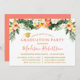 Invitación Acuarela Coral Tropical Floral Gold Grado Fiesta