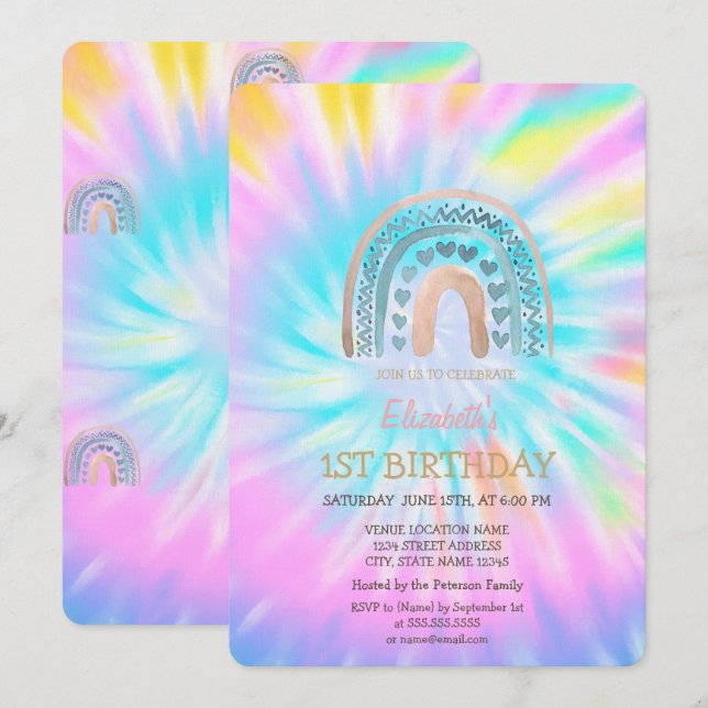 Invitación Acuarela Corazón Arcoiris Tie Dye Cumpleaños (Anverso / Reverso)
