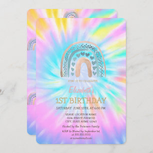 Invitación Acuarela Corazón Arcoiris Tie Dye Cumpleaños