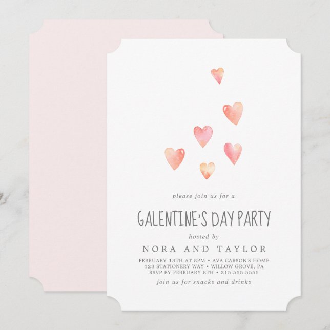 Invitación Acuarela Corazón rosa Galentine's Day Fiesta (Anverso / Reverso)