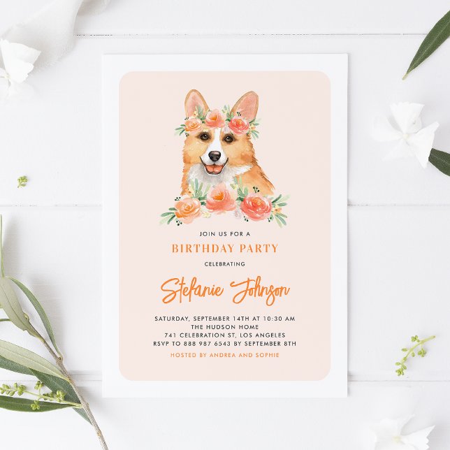 Invitación Acuarela Corgi Peach Florals Fiesta de cumpleaños  (Subido por el creador)