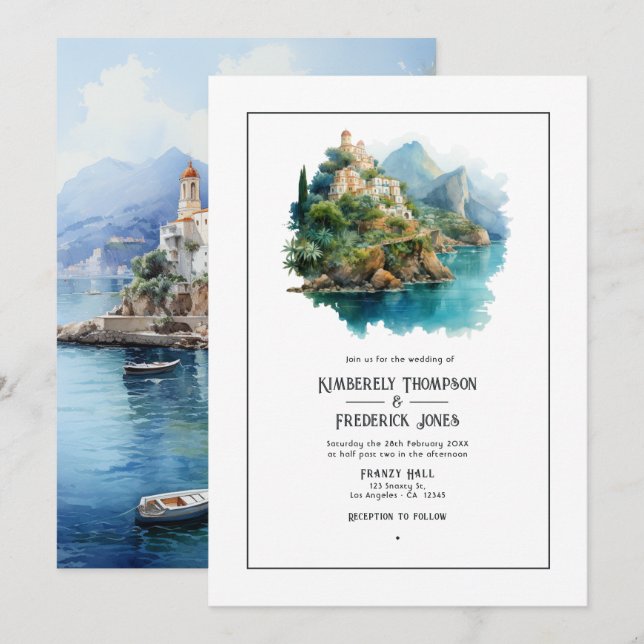 Invitación Acuarela Costa Amalfitana Italia Boda de Destino (Anverso / Reverso)