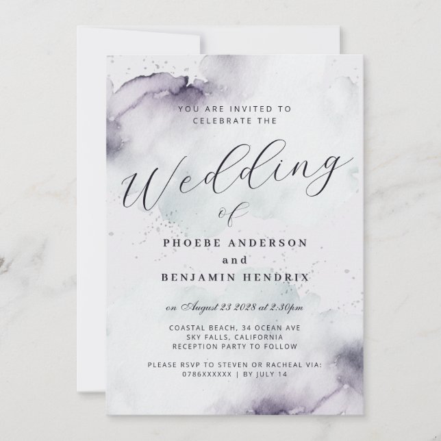 Invitación Acuarela costera Blue Elegant Wedding (Anverso)