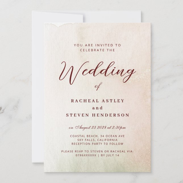 Invitación Acuarela costera Sepia Elegante Boda (Anverso)