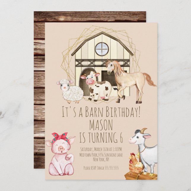 Invitación Acuarela Cow Barn Animals Farm Birthday (Anverso / Reverso)