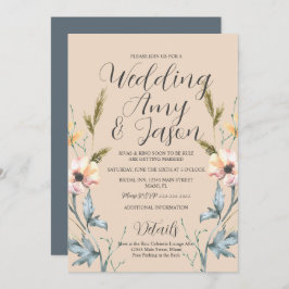 Invitación Acuarela Crema de flores silvestres y Boda gris