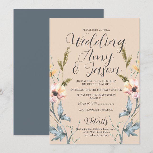 Invitación Acuarela Crema de flores silvestres y Boda gris (Anverso / Reverso)