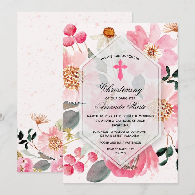 Invitación Acuarela Cristal Floral Rosa (Anverso / Reverso)