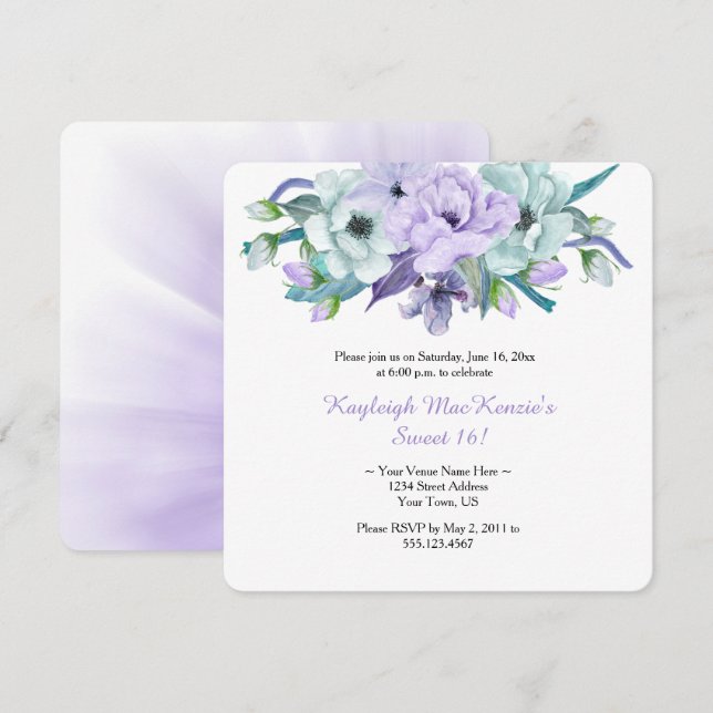 Invitación Acuarela Cumpleaños 16 Morado Floral Dulce (Anverso / Reverso)