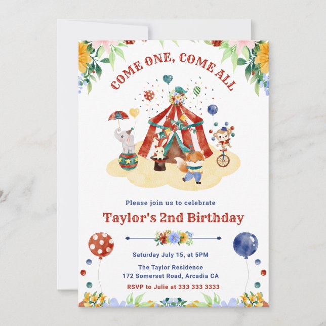 Invitación Acuarela Cumpleaños Circo Carnaval Floral Lindo (Anverso)