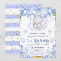 Acuarela Cumpleaños de Elefante Lindo y Rosas Azul