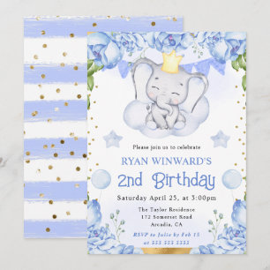 Invitación Acuarela Cumpleaños de Elefante Lindo y Rosas Azul