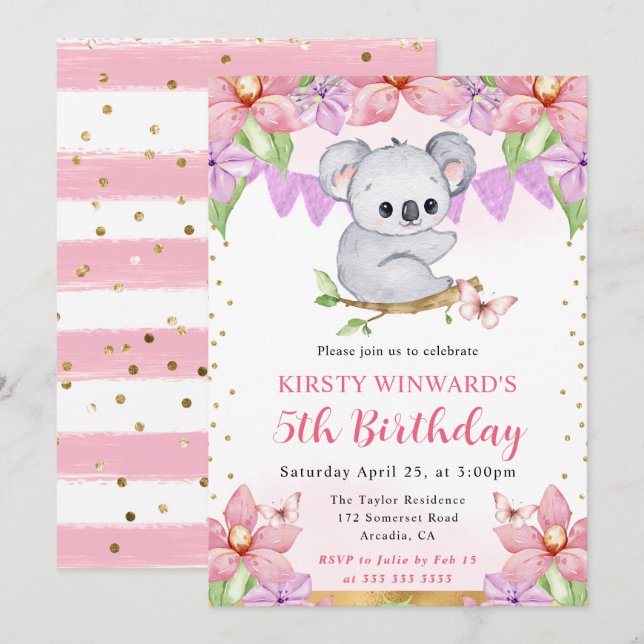 Invitación Acuarela Cumpleaños de Koala Lindo y Flores Tropic (Anverso / Reverso)