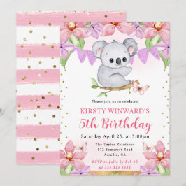 Invitación Acuarela Cumpleaños de Koala Lindo y Flores Tropic