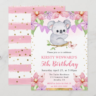 Invitación Acuarela Cumpleaños de Koala Lindo y Flores Tropic