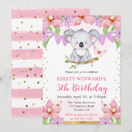 Invitación Acuarela Cumpleaños de Koala Lindo y Flores Tropic