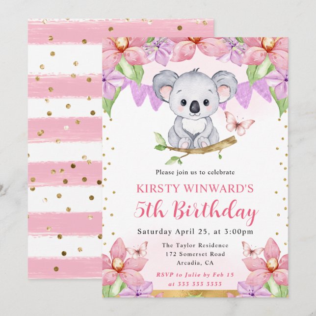 Invitación Acuarela Cumpleaños de Koala Lindo y Flores Tropic (Anverso / Reverso)